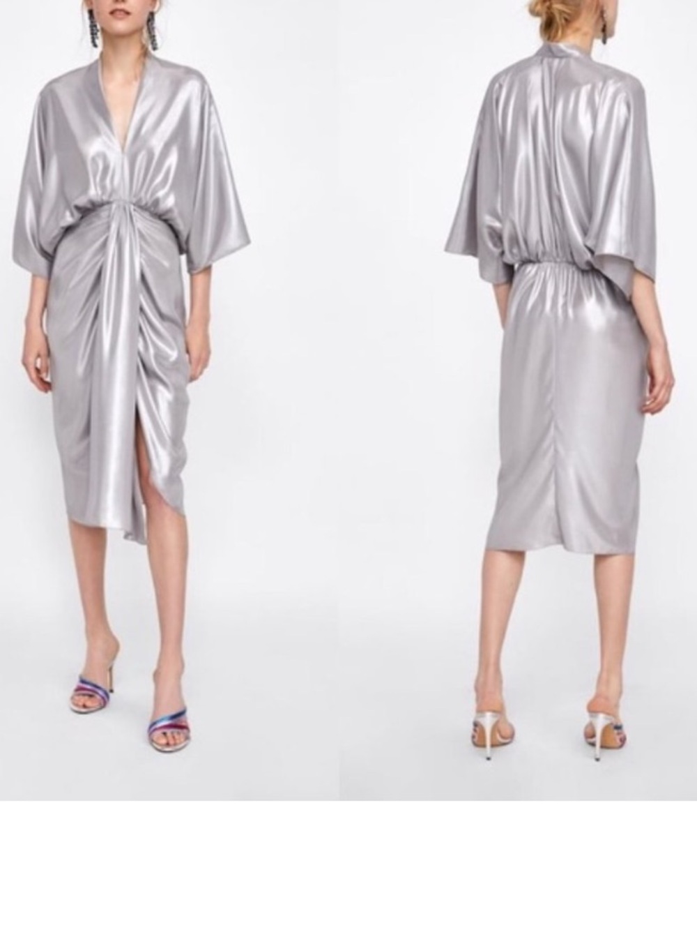 Silver Satin Twist-Front Midi Dress